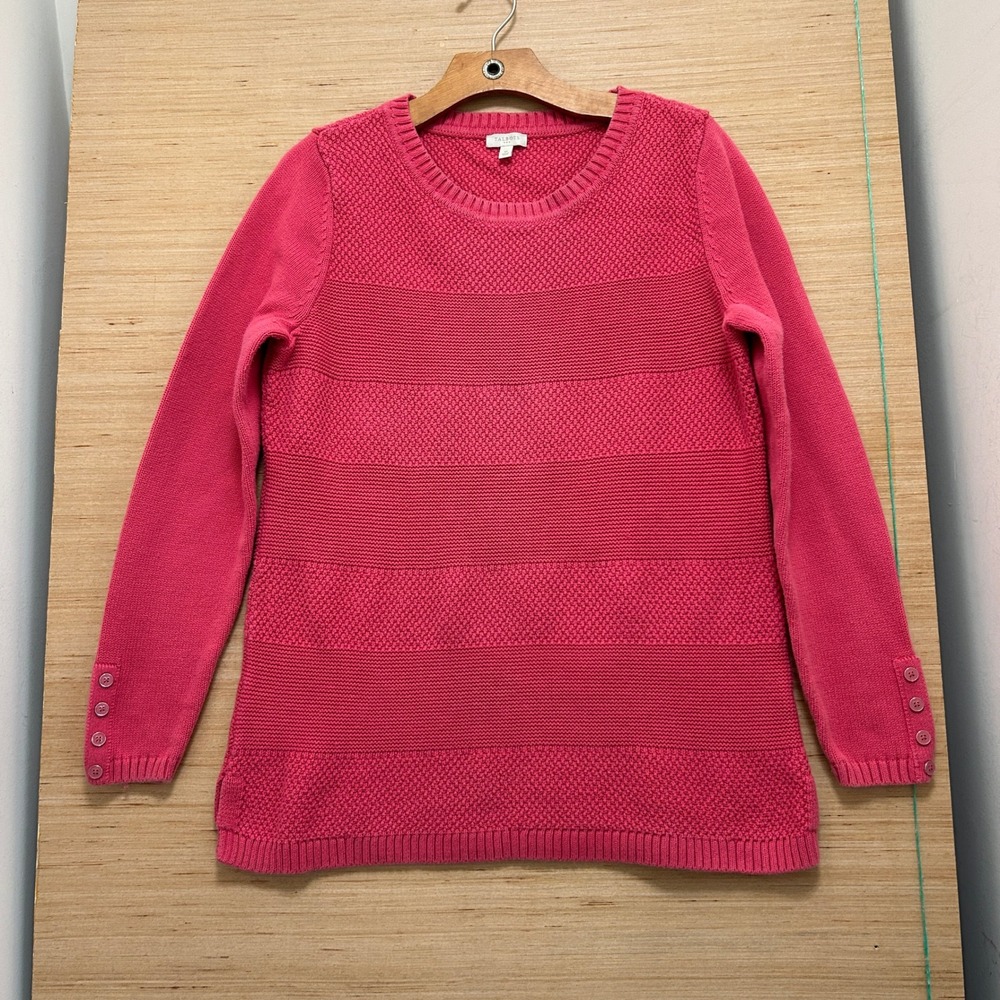 Talbots Womens Pink Mixed Textured Knit Button Cuff Crew Neck Sweater Size M